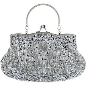 Floral Designer EveningBag Beaded Sequin Design Vintage KissingLock Satin Clutch